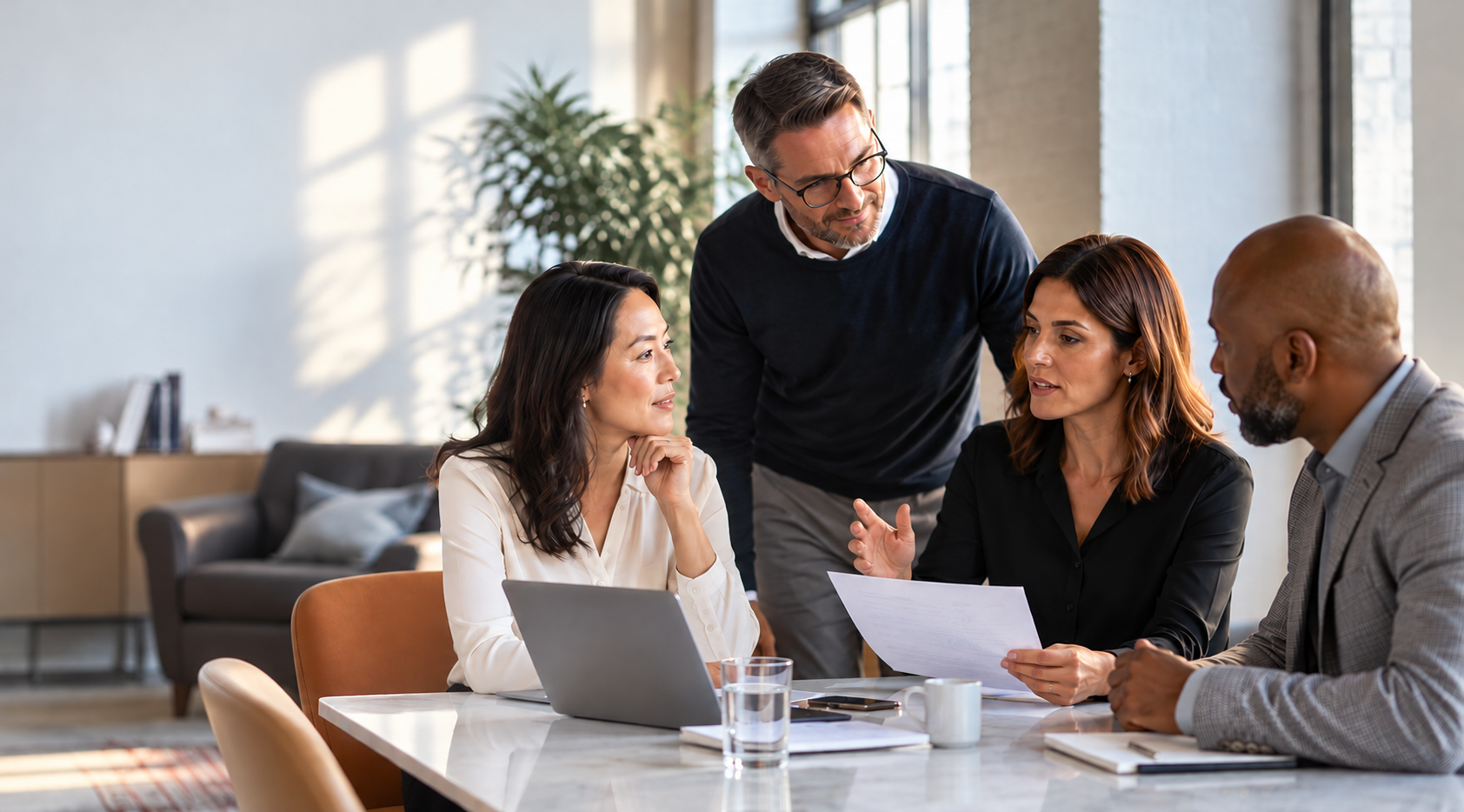 Diverse professionals collaborating in a thoughtful workplace conversation